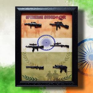 Operation Sindoor : Memorial Frame | Wall Decorative Glass Frame Art | Indian Army Tribute Wall Art with Miniature Rifles | Black Wooden Border – Multiple Designs (Tricolour)