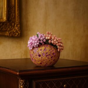 New Purple Round vase with Golden Finish and Free Pink Artificial Flowers for Unique Tabletop & Festival Decor.