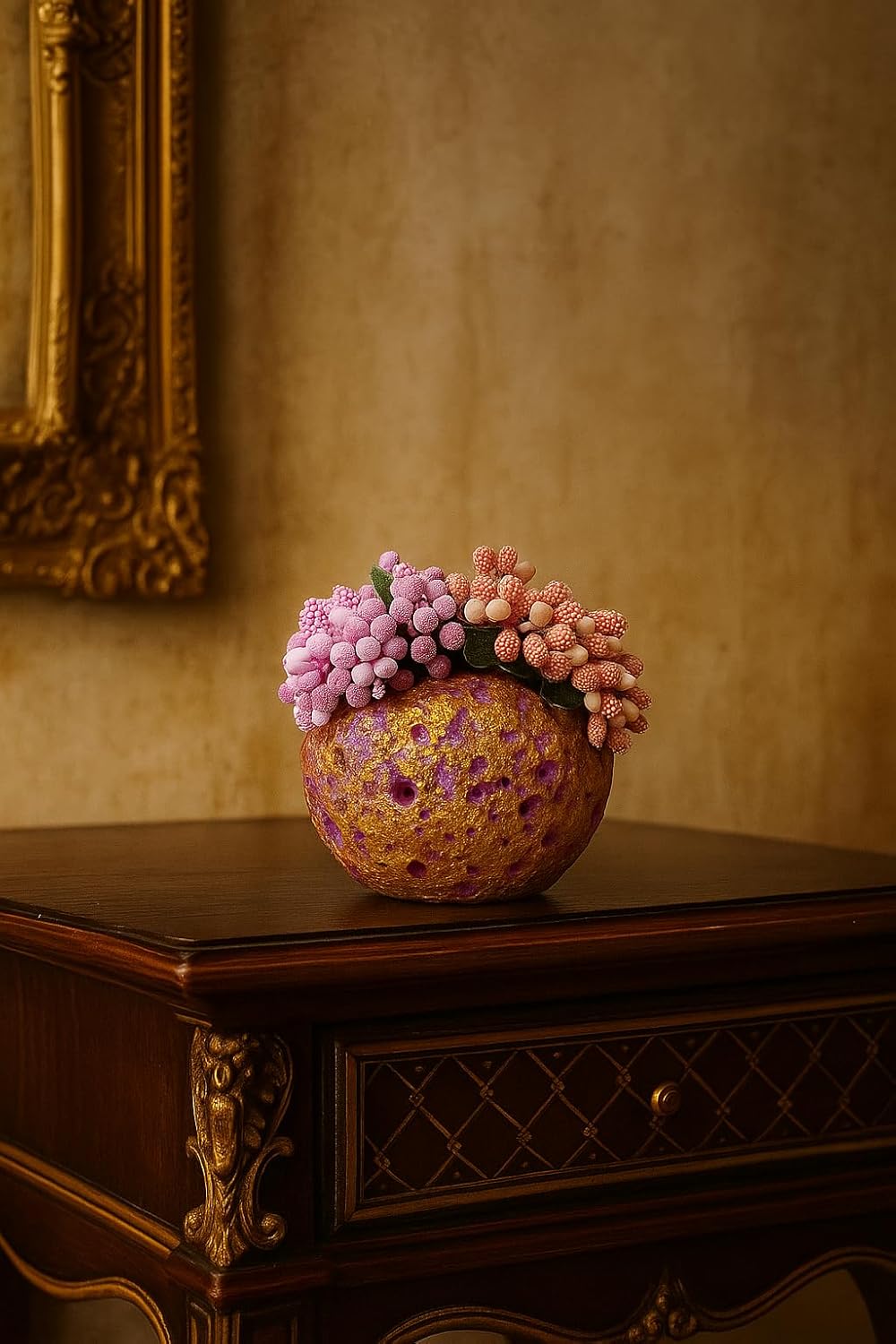 New Purple Round vase with Golden Finish and Free Pink Artificial Flowers for Unique Tabletop & Festival Decor.