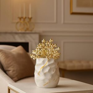 White Textured Vase with Golden Sparkles and Free Golden Pearl Flowers for Home, Office & Gift Decor.