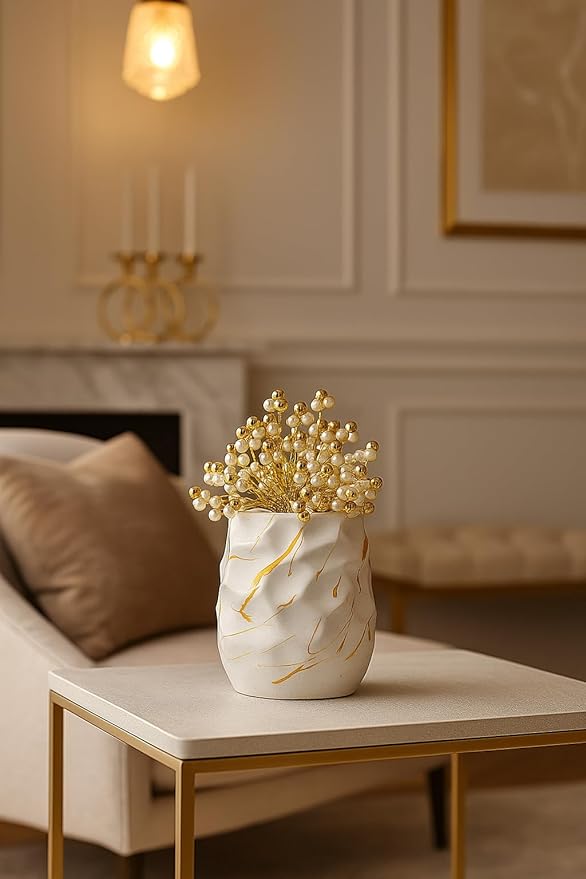 White Textured Vase with Golden Sparkles and Free Golden Pearl Flowers for Home, Office & Gift Decor.