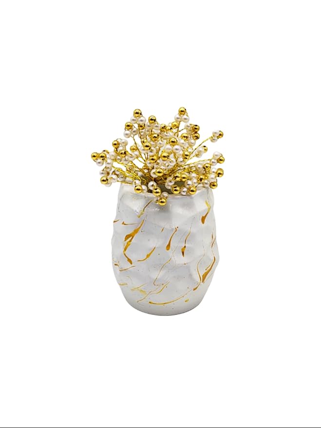 White Textured Vase with Golden Sparkles and Free Golden Pearl Flowers for Home, Office & Gift Decor. - Image 2
