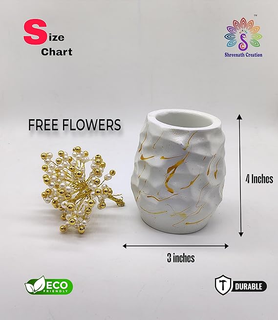 White Textured Vase with Golden Sparkles and Free Golden Pearl Flowers for Home, Office & Gift Decor. - Image 3