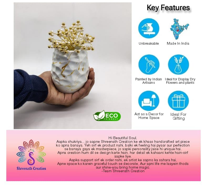 White Textured Vase with Golden Sparkles and Free Golden Pearl Flowers for Home, Office & Gift Decor. - Image 4